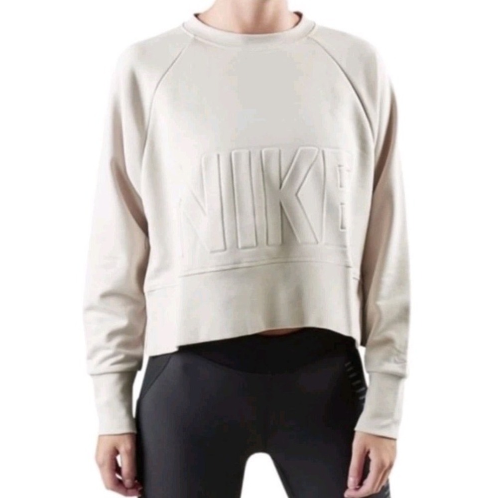 Nike Women M Long-Sleeved Versa Crew Cropped Sweatshirt Beige Pullover